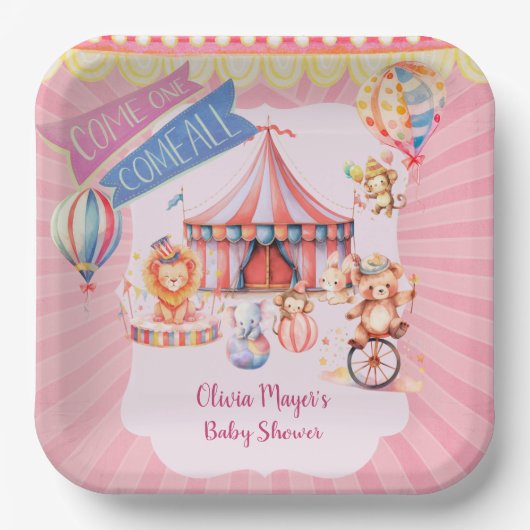 Schattige Roze  Carnaval Circus Baby shower Papieren Bordje (Voorkant)