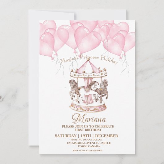 Schattige Roze Carrousel Eenhoorn 1e Kids Verjaard Kaart (Voorkant)