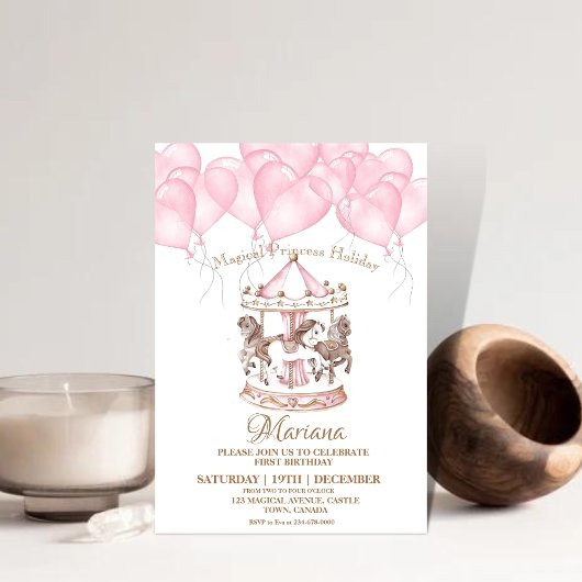 Schattige Roze Carrousel Eenhoorn 1e Kids Verjaard Kaart