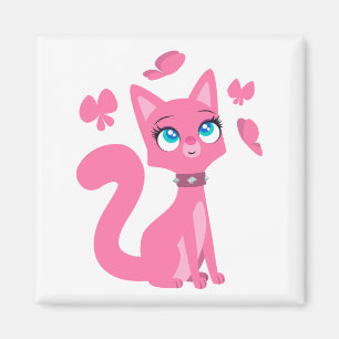 Schattige Roze Cartoon Kat en Vlinders Magneet