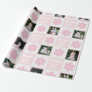 Schattige Roze Daisy Checkerboard Foto Baby shower Cadeaupapier
