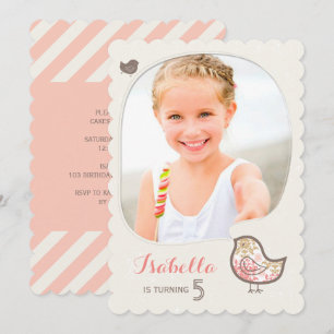 Schattige Roze Damast Vogel Foto Meisje Verjaardag Kaart