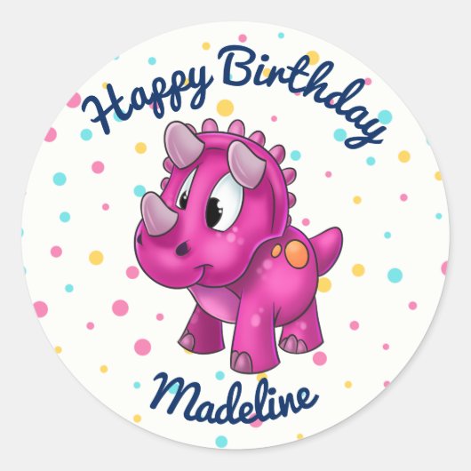 Schattige Roze Dinosaurus Polkadot Verjaardag Stic Ronde Sticker (Voorkant)