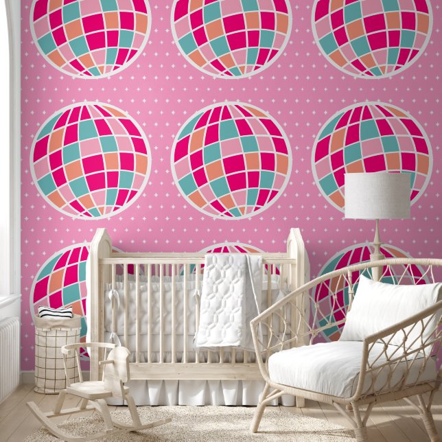 Schattige Roze Disco Ball Pattern Behang (Kinderen)