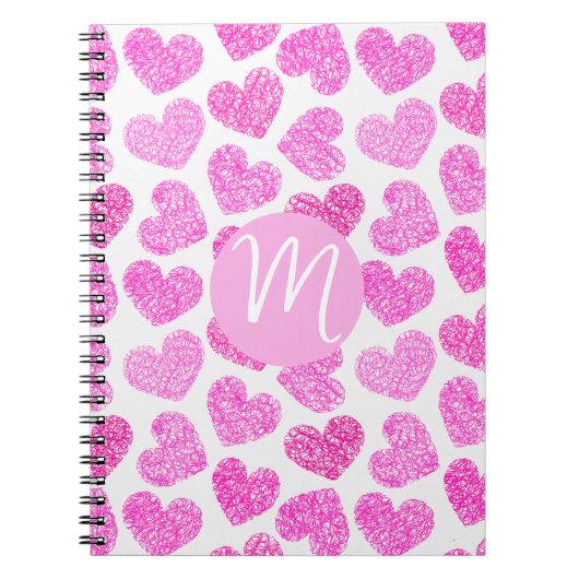 Schattige Roze Doodled Heart Valentijnsdag Monogra Notitieboek (Voorkant)