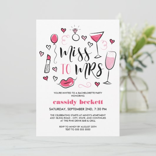 Schattige Roze Doodles - Juffrouw naar Mevrouw Bac Kaart (Staand voorkant)