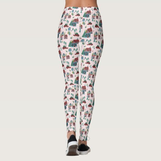 Schattige Roze Dorp & Autoboom Retro Kerstmis Leggings (Achterkant)