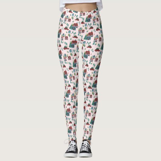 Schattige Roze Dorp & Autoboom Retro Kerstmis Leggings (Voorkant)