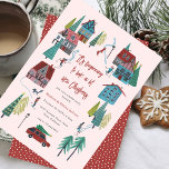 Schattige Roze Dorp Kerstfeest Kaart<br><div class="desc">Nodig gasten uit op uw kerstfeest in stijl met onze moderne feestelijke kerst Schattigee roze Nordic Alpine ski lodge gezellige chaletdorp met skiërs skiërs en kinderen wintersport winterscène plezier voor Kerstvakantie in natuur met witte sneeuw uitnodiging. Origineel kunstwerk van Caroline Bonne Müller</div>