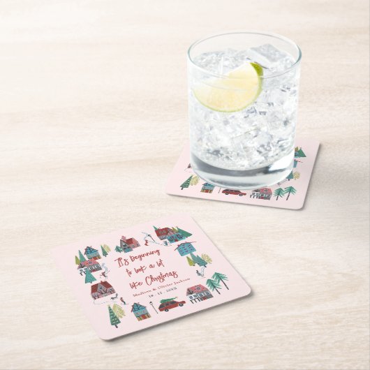 Schattige Roze Dorp Kerstfeest Kartonnen Onderzetters (Insitu)