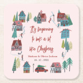 Schattige Roze Dorp Kerstfeest Kartonnen Onderzetters (Voorkant)