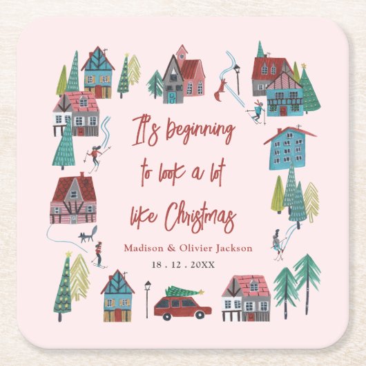 Schattige Roze Dorp Kerstfeest Kartonnen Onderzetters (Voorkant)