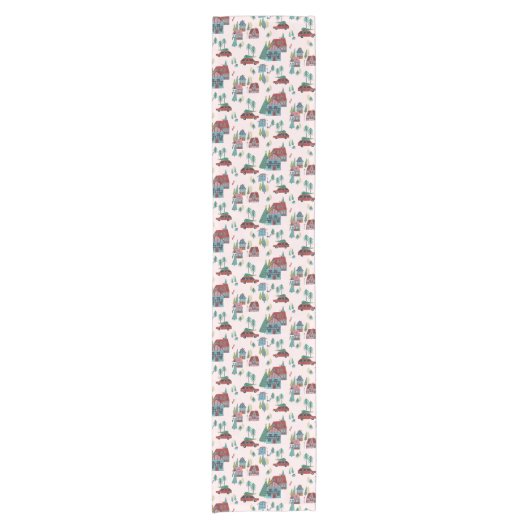 Schattige roze dorpspatroon kerst korte tafelloper (Voorkant)