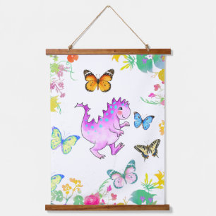 Schattige roze draak en bloemen hangend wandkleed