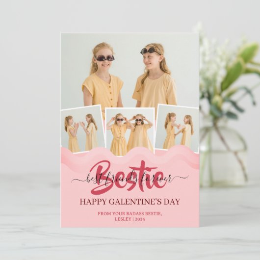 Schattige Roze Drip Happy Galentines dag bestie Fo Feestdagenkaart (Staand voorkant)