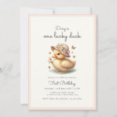 Schattige roze eend baby meisje eerste verjaardag kaart (Voorkant)