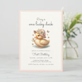Schattige roze eend baby meisje eerste verjaardag kaart (Staand voorkant)