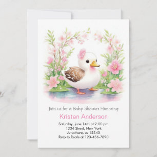 Schattige Roze Eend Bloemen Waterverf Meisje Baby  Kaart