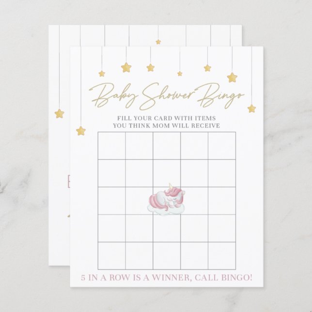 Schattige Roze Eenhoorn Baby shower Bingo spel (Voorkant / Achterkant)
