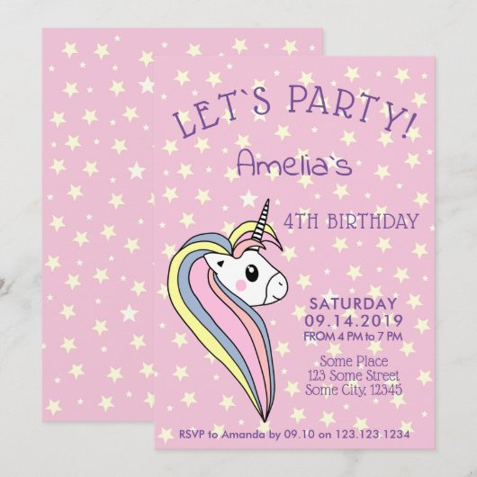 Schattige Roze Eenhoorn Girly Kids Verjaardag Kaart (Voorkant / Achterkant)