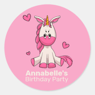 Schattige Roze Eenhoorn Meisje Verjaardagsfeestje  Ronde Sticker
