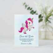 Schattige Roze Eenhoorn met Vleugels Save the Date Briefkaart (Staand voorkant)