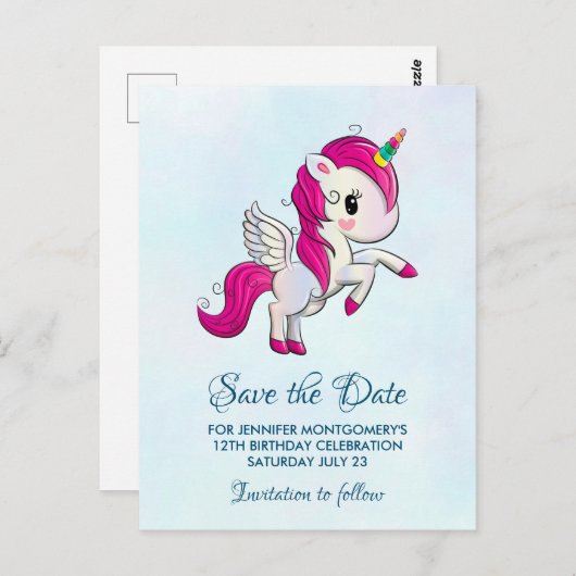 Schattige Roze Eenhoorn met Vleugels Save the Date Briefkaart (Voorkant / Achterkant)