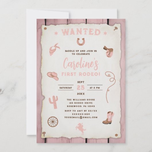 Schattige Roze Eerste Rodeo Baby Meisje 1e Verjaar Kaart (Voorkant)