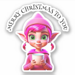 Schattige Roze Elf met Koffie of Cacao Kerstmis Sticker