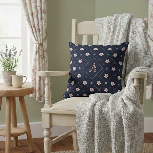 Schattige roze en blauw bloempatroon op blauw kussen (Creator heeft geüpload)