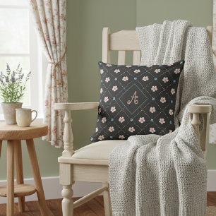 Schattige roze en blauw bloempatroon op zwart kussen