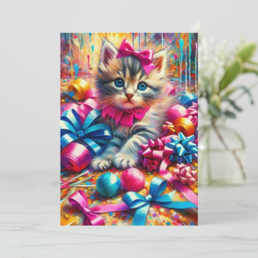 Schattige Roze en Blauw Kitten Meisje's Verjaardag Kaart (Staand voorkant)