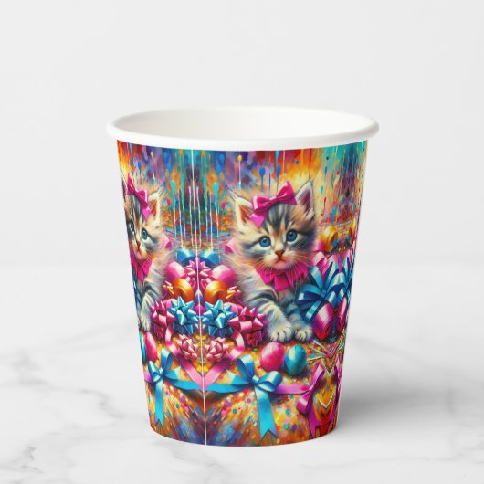 Schattige Roze en Blauw Kitten Meisje's Verjaardag Papieren Bekers (Achterkant)