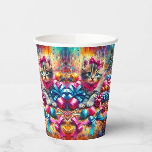 Schattige Roze en Blauw Kitten Meisje's Verjaardag Papieren Bekers (Links)