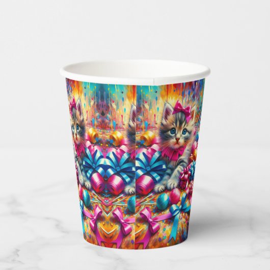 Schattige Roze en Blauw Kitten Meisje's Verjaardag Papieren Bekers (Rechts)