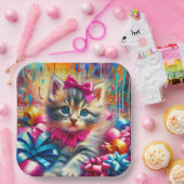 Schattige Roze en Blauw Kitten Meisje's Verjaardag Papieren Bordje (Feest)