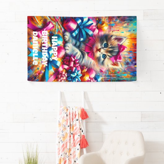 Schattige Roze en Blauw Kitten Meisje's Verjaardag Spandoek (Insitu)