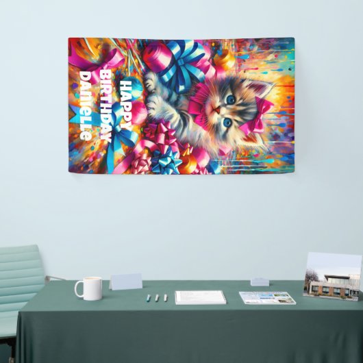 Schattige Roze en Blauw Kitten Meisje's Verjaardag Spandoek (Beurs)