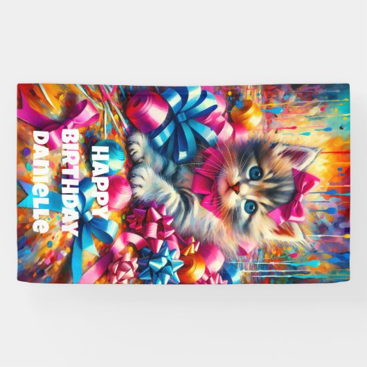 Schattige Roze en Blauw Kitten Meisje's Verjaardag Spandoek (Horizontaal)