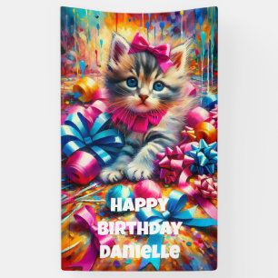 Schattige Roze en Blauw Kitten Meisje's Verjaardag Spandoek