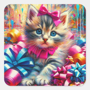 Schattige Roze en Blauw Kitten Meisje's Verjaardag Vierkante Sticker