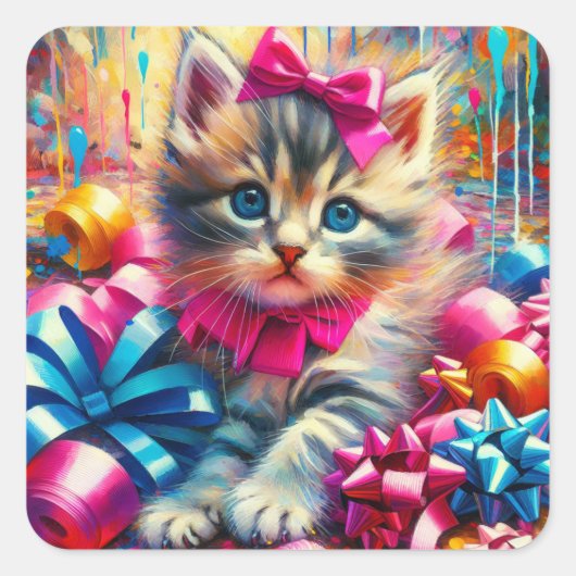 Schattige Roze en Blauw Kitten Meisje's Verjaardag Vierkante Sticker (Voorkant)