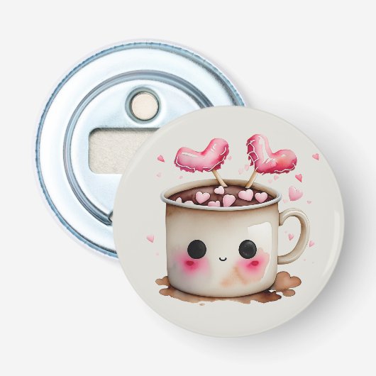 Schattige Roze en Cream Waterverf Hot Cacao Mok Button Flesopener (Voorkant)