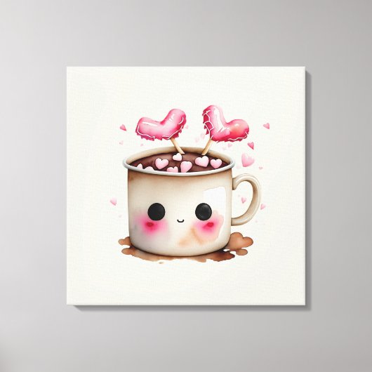 Schattige Roze en Cream Waterverf Hot Chocolate Mo Canvas Afdruk (Voorkant)