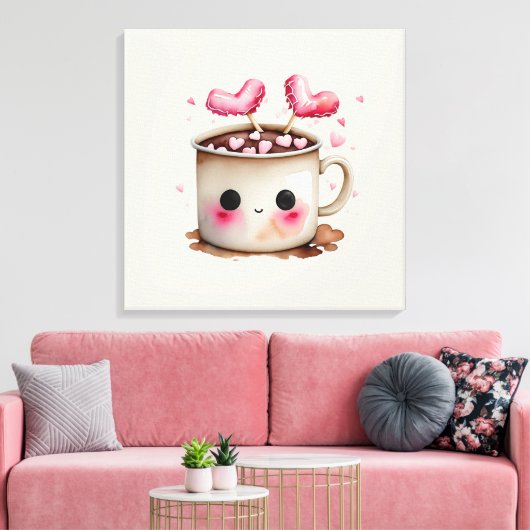 Schattige Roze en Cream Waterverf Hot Chocolate Mo Canvas Afdruk (Insitu (Woonkamer))