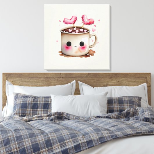 Schattige Roze en Cream Waterverf Hot Chocolate Mo Canvas Afdruk (Insitu (Slaapkamer))