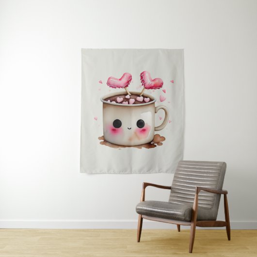 Schattige Roze en Cream Waterverf Hot Chocolate Mo Wandkleed (In situ)