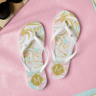 Schattige Roze en Goud Suminagashi Monogrammed Teenslippers