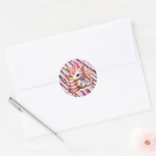 Schattige roze en gouden Dragon Girl's verjaardags Ronde Sticker (Envelop)