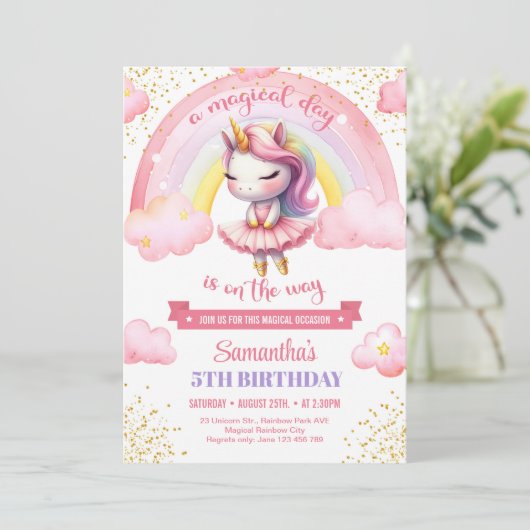 Schattige roze en gouden eenhoorn ballerina meisje kaart (Staand voorkant)